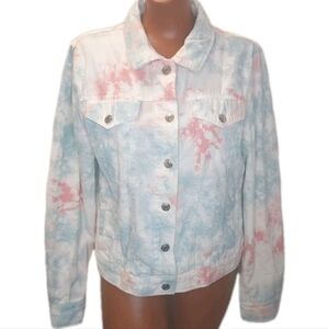 Guess Trucker Crop Jean Jacket Woman Large Blue Pink Pastel Marbled Button Nwot